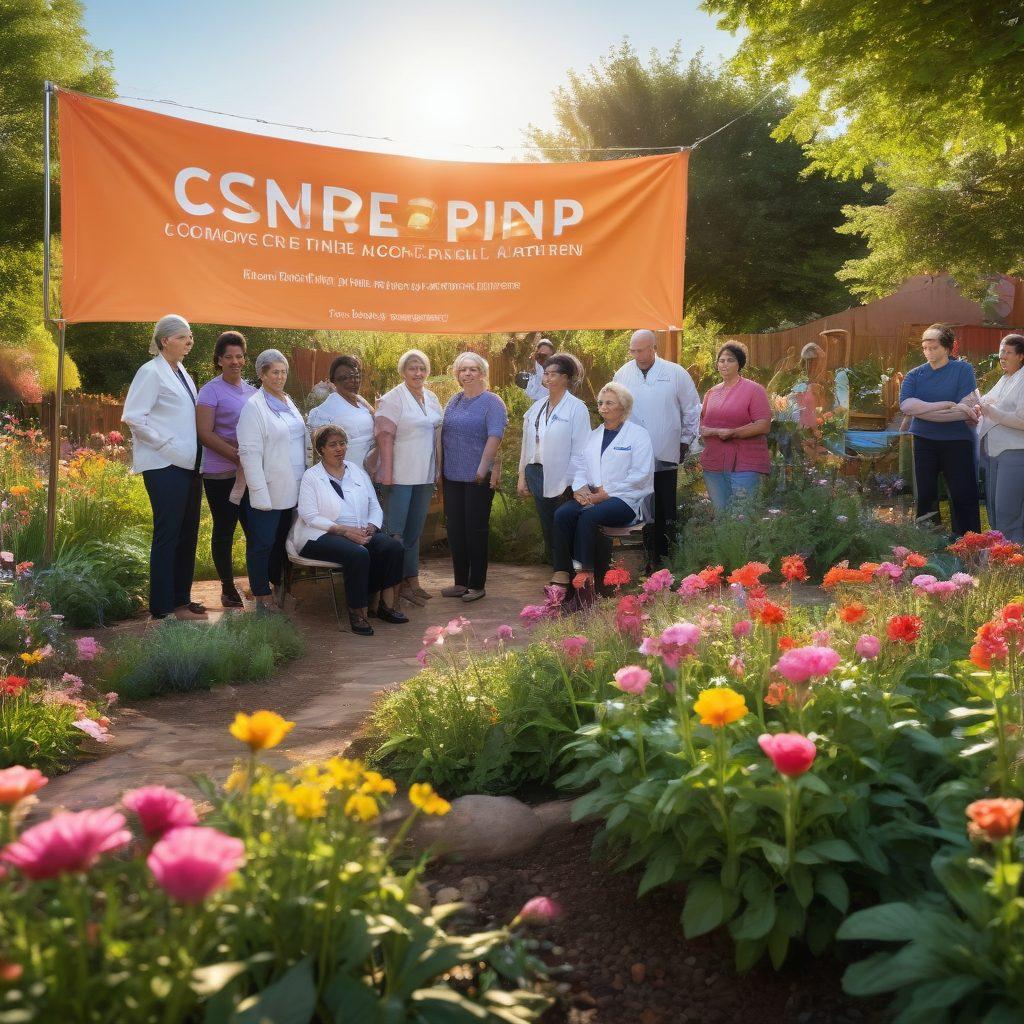 A heartwarming scene depicting a diverse group of cancer survivors and medical researchers collaborating in a sunlit community garden. The garden is full of vibrant flowers symbolizing hope and resilience, with research notes scattered among plants. In the background, an inspiring banner reads 'Empowering Survivorship'. The atmosphere conveys unity, support, and determination. super-realistic. vibrant colors. soft lighting.