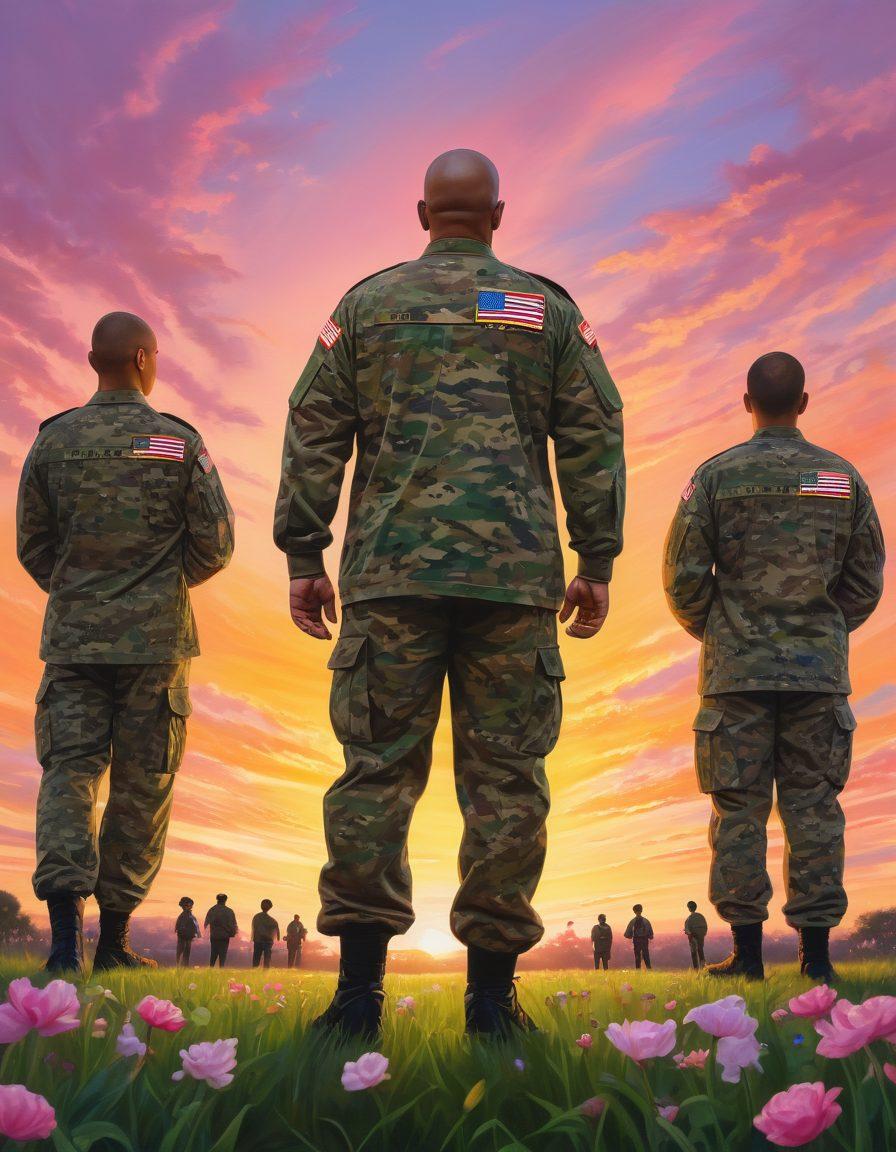 A powerful composition featuring a diverse group of military veterans wearing camouflage and army uniforms, standing proudly with cancer awareness ribbons in hand. In the background, a serene sunset symbolizes hope, while the foreground showcases a field of blooming flowers representing health and wellness. The scene conveys strength, unity, and resilience. vibrant colors. painting.
