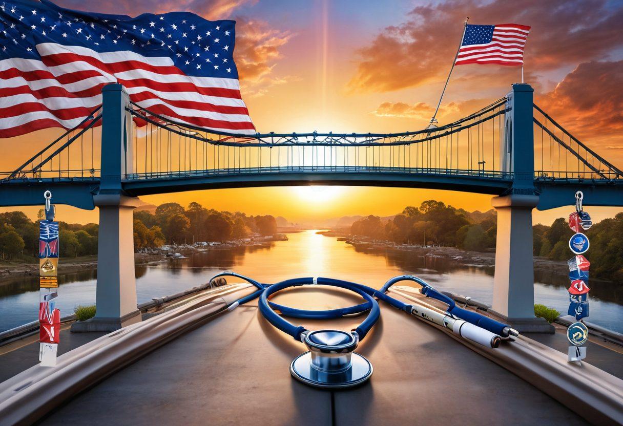 A powerful illustration of a bridge symbolizing connection, with one side representing oncology advocacy and the other representing veteran health. Include healthcare symbols, such as a stethoscope and ribbons, intertwined with military elements like dog tags and flags. In the background, a sunrise signifies hope and unity. Vivid colors enhance the emotional depth of the scene. super-realistic. vibrant colors.